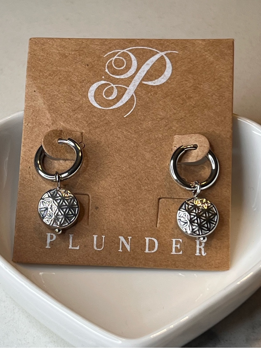 Plunder Silver Tone Hoop Drop Earrings Geometric Charm NWT